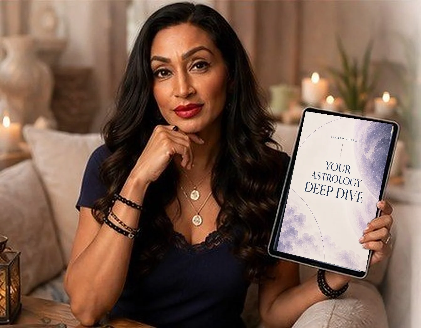 Rhea, founder of Sacred Knowledge Tarot, holding the Astrology Deep Dive