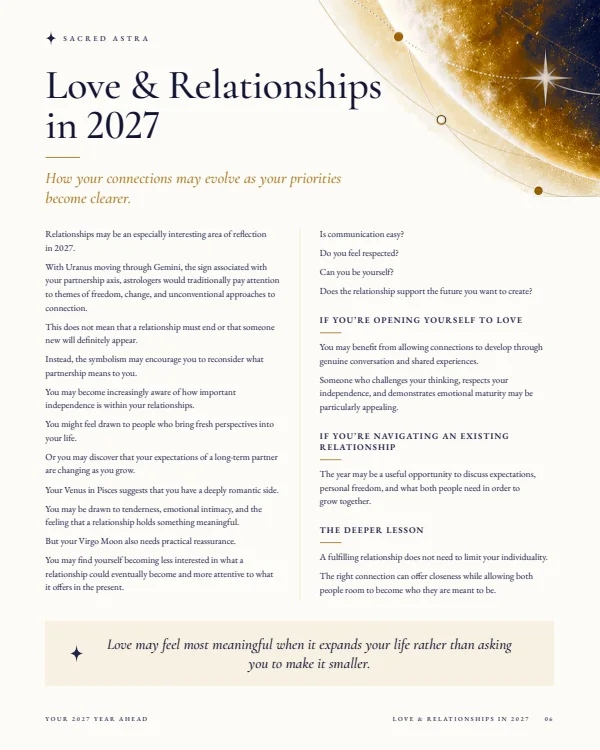 Page 6 of a sample 2027 Year Ahead Reading: Love & Relationships in 2027