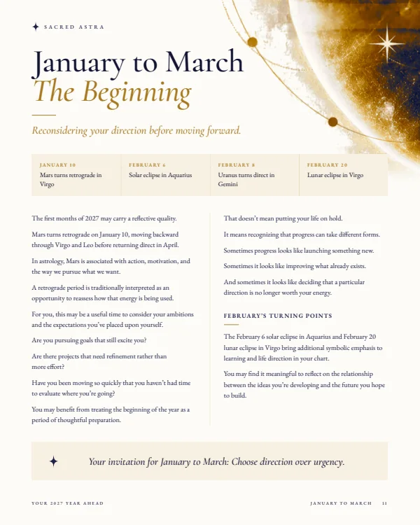 Page 11 of a sample 2027 Year Ahead Reading: January to March: The Beginning